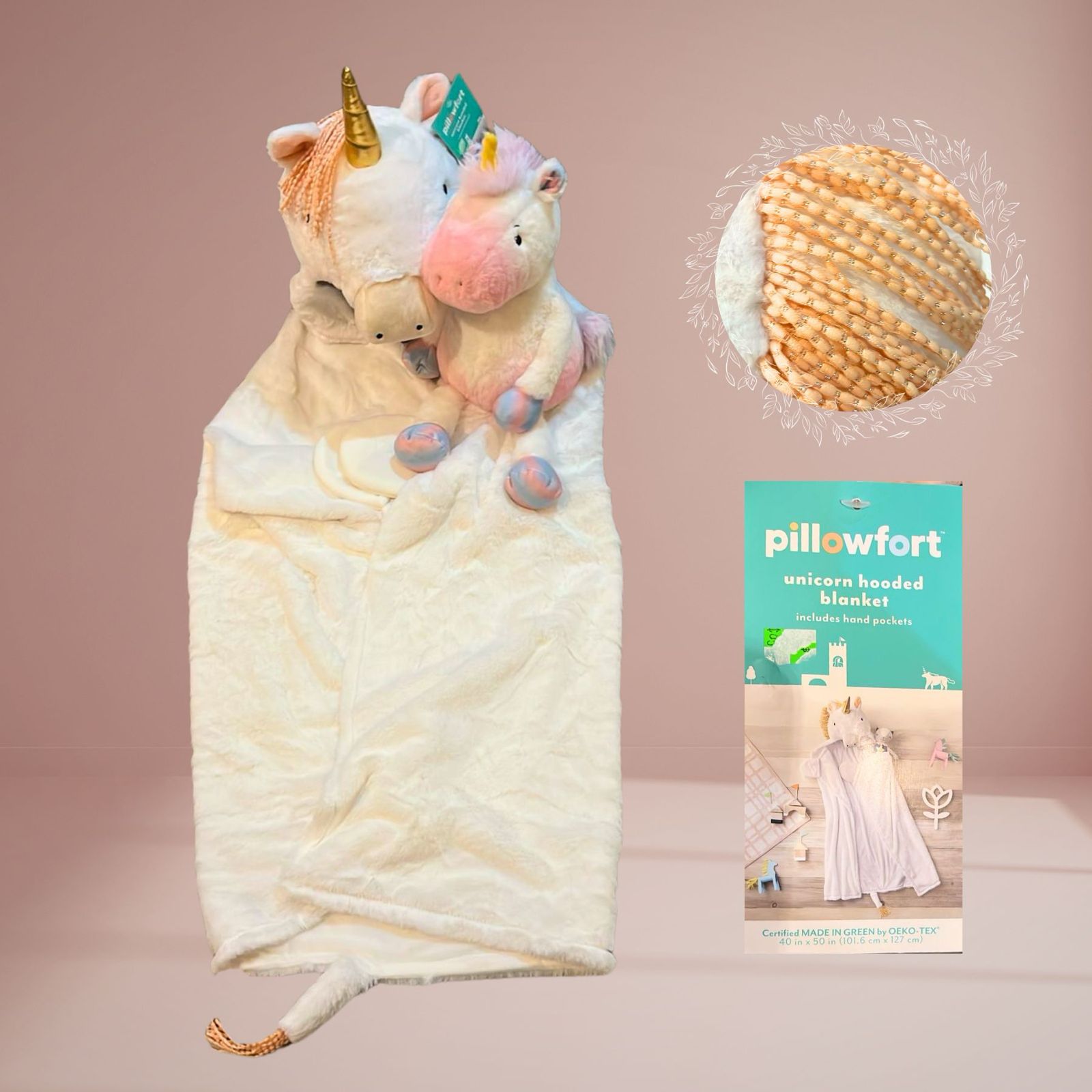 Cobija de forma de unicornio y peluche de unicornio